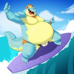  belly clothing crocodile crocodilian crocodylid makara male moobs one_eye_closed overweight overweight_male pokelai reptile scalie sea speedo surfing swimwear tokyo_afterschool_summoners video_games water wave wink 