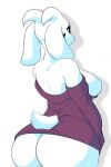  2020 anthro asriel_dreemurr breasts butt clothed clothing crossgender danonymous exposed_breasts female fur horn looking_at_viewer looking_back mammal nipples partially_clothed rear_view simple_background solo thick_thighs undertale video_games white_background white_body white_fur 