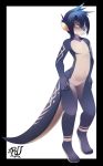  2014 anthro black_border blue_body blue_hair blue_nose border featureless_crotch hair lutrine male mammal markings mustelid navel nude rudragon simple_background solo standing white_background 