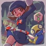  1girl alternate_costume brown_eyes brown_hair cabbie_hat cosplay dunsparce gloves hat holding kotone_(pokemon) open_mouth poke_ball poke_ball_(generic) pokemon pokemon_(creature) pokemon_(game) pokemon_hgss s_(happycolor_329) skirt smile team_rocket_uniform thighhighs twintails 
