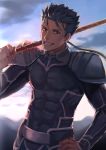  1boy armor blue_hair cu_chulainn_(fate)_(all) earrings fate_(series) hand_on_hip holding holding_spear holding_weapon jewelry kusarebon lancer long_hair long_sleeves looking_at_viewer low_ponytail male_focus pauldrons polearm ponytail red_eyes smile solo spear spiked_hair standing teeth weapon 
