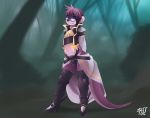  2014 anthro blue_eyes clothed clothing detailed_background eyewear forest glasses hair lutrine mammal midriff mustelid navel outside purple_body purple_hair rudragon smile solo standing tree 