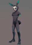  abs amputee anthro athletic athletic_male black_body black_fur black_scales black_sclera crotch_tuft demon dipstick_ears disability featureless_crotch fur ghost_(mawarisaka3) green_eyes grey_background head_tuft hi_res horn kemono lagomorph leporid looking_at_viewer male mammal mask mawarisaka3 missing_arm multicolored_ears navel nude pecs rabbit scales simple_background slim solo standing talons tuft 