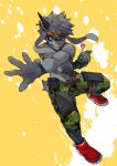  abstract_background accessory action_pose anthro arm_wraps armor athletic athletic_male belt_pouch bottomwear camo camo_print candy clothed clothing eye_markings floppy_ears food footwear fur grey_body grey_eyes grey_fur grey_hair hair headband hi_res holding_food holding_object horn kemono lagomorph leporid lollipop long_ears looking_at_viewer male mammal markings mawarisaka3 open_mouth pants pose rabbit scar shoes slit_pupils smile solo standing teeth topless wraps 