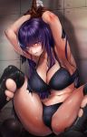  1girl armpits arms_up ass ball_and_chain_restraint bangs black_bra black_hair black_panties blue_eyes blush bound bound_wrists bra breasts cleavage eyebrows_visible_through_hair glaring gloves highres long_hair looking_at_viewer nohito original panties purple_hair restrained sitting solo spread_legs sweat tears thighhighs torn_clothes torn_legwear underwear underwear_only white_gloves 
