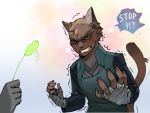  &lt;3 angry anthro brown_body brown_fur cat_toy chest_wraps clenched_teeth clothed clothing cross-popping_vein disembodied_hand domestic_cat duo english_text felid feline felis flustered fully_clothed fur hand_wraps head_tuft holding_object inner_ear_fluff kemono looking_at_viewer male mammal mawarisaka3 robe shaking solo_focus speech_bubble standing tailwag teeth text tuft vein wraps 
