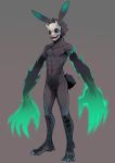  abs anthro athletic athletic_male big_hands black_body black_fur black_scales black_sclera claws colored_fire crotch_tuft demon dipstick_ears featureless_crotch fire fur ghost_(mawarisaka3) green_eyes green_fire grey_background head_tuft hi_res horn kemono lagomorph leporid looking_at_viewer magic magic_user male mammal mask mawarisaka3 multicolored_ears navel nude pecs rabbit scales simple_background slim solo standing talons tuft 
