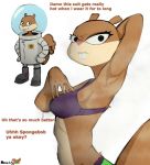  anthro bodily_fluids bra breasts brown_body brown_fur buckteeth clothed clothing dialogue english_text female fur hand_behind_head looking_at_viewer mammal nickelodeon normitity rodent sandy_cheeks sciurid simple_background smile solo spongebob_squarepants sweat teeth text tree_squirrel underwear white_background 