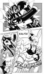  anthro bandage breasts canid canine cleavage clothed clothing comic cookie_(furryfight_chronicles) daigaijin dialogue dildo english_text female fox fur furryfight_chronicles group hair kalita_(furryfight_chronicles) lagomorph leporid mammal midriff muko navel rabbit rodent sciurid sex_toy shirt tank_top text topwear tree_squirrel 