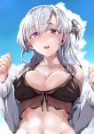  1girl bangs bikini black_bikini blush breasts cleavage cloud day eyebrows_visible_through_hair grey_jacket hachimaki hair_ornament headband jacket kantai_collection large_breasts long_sleeves off_shoulder one_side_up open_mouth outdoors purple_eyes silver_hair sky solo suzutsuki_(kantai_collection) swimsuit upper_body yukiguni_yuu 