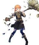  1girl annette_fantine_dominic bag blue_eyes blush boots bow epaulettes fire_emblem fire_emblem:_three_houses fire_emblem_heroes full_body garreg_mach_monastery_uniform hammer highres official_art one_eye_closed open_mouth orange_hair solo thighhighs torn_clothes transparent_background twintails 