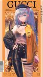  1girl 2019 absurdres alternate_costume alternate_hair_length alternate_hairstyle asymmetrical_clothes bangs bare_shoulders black_bra black_jacket blue_eyes blue_hair bra bra_through_clothes cellphone character_name choker cowboy_shot fishnet_legwear fishnets gucci hair_ornament hair_ribbon hairclip hand_on_hip highres holding holding_phone jacket long_hair long_sleeves off_shoulder open_clothes open_jacket phone pink_ribbon re:zero_kara_hajimeru_isekai_seikatsu rej975 rem_(re:zero) ribbon see-through shirt side_ponytail single_pantsleg single_thighhigh smartphone solo strap thighhighs two-tone_jacket underwear white_shirt yellow_jacket 