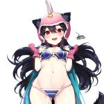  1girl animal_ears black_hair blush breasts cape chi-chi_(dragon_ball) chi-chi_(dragon_ball)_(cosplay) commentary_request cosplay dated dragon_ball ejami ekko_(ejami) fangs fox_ears fox_girl fox_tail gem gloves green_cape horn long_hair looking_at_viewer navel pink_gloves pink_helmet red_eyes shoulder_plates signature simple_background small_breasts smile solo tail white_background 