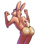  2020 anthro blue_eyes brown_body brown_fur buns butt butt_focus conditional_dnp food food_fetish fur gesture happy humor lagomorph leporid male mammal nude open_mouth pointing pointing_at_self pointing_back pun rabbit raised_tail ratte rear_view simple_background solo standing suggestive suggestive_food visual_pun white_background 