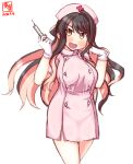  1girl alternate_costume artist_logo black_hair commentary_request cowboy_shot dated dress fang gloves hat head_tilt highres holding holding_syringe kanon_(kurogane_knights) kantai_collection long_hair looking_at_viewer multicolored_hair naganami_(kantai_collection) nurse nurse_cap open_mouth pink_dress pink_hair simple_background skin_fang smile solo syringe two-tone_hair wavy_hair white_background white_gloves 