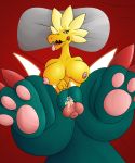  3_toes anthro bed big_breasts bodily_fluids breasts claws cum cum_in_pussy cum_inside digital_media_(artwork) dinosaur disembodied_penis dracozolt female fossil_pok&eacute;mon furniture genital_fluids genitals green_body hi_res hybrid looking_at_viewer male neksu nintendo nipples non-mammal_breasts pawpads penetration penis pillow pok&eacute;mon pok&eacute;mon_(species) reptile scalie theropod toes tongue vaginal vaginal_penetration video_games yellow_body 