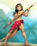 abluedeer action_pose anthro beach black_hair breasts brown_body brown_fur clothed clothing female fur hair holding_object holding_spear holding_weapon lutrine malana_(lei-lani) mammal melee_weapon mustelid navel nipples palm_tree polearm pose seaside solo spear the_depths topless tree weapon yellow_eyes 