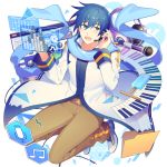  1boy beamed_eighth_notes blue_eyes blue_hair blue_nails blue_scarf brown_pants coat folder hand_on_ear hands_up headphones headset holographic_interface ice_cream_bar instrument kaito keyboard_(instrument) light_blush looking_at_viewer male_focus microphone microphone_symbol musical_note open_mouth pants popsicle_stick scarf sinaooo smile solo vocaloid white_coat window_(computing) 