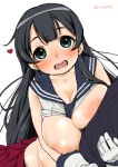  1girl agano_(kantai_collection) arm_hug bangs black_hair blue_eyes blush breasts gloves harukaze_unipo heart inverted_nipples kantai_collection large_breasts long_hair nipples open_mouth red_skirt sailor_collar simple_background skirt solo_focus twitter_username white_gloves 