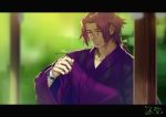  1boy blurry blurry_background bug dragonfly insect ishitsu_kenzou japanese_clothes kimono letterboxed male_focus object_namesake ponytail red_hair sideburns smile tonbokiri_(touken_ranbu) touken_ranbu wooden_beam yellow_eyes yukata 