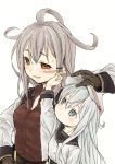  2girls bandaid bangs belt blue_eyes blush breasts brown_gloves closed_mouth eyebrows_visible_through_hair flat_cap gangut_(kantai_collection) gloves grey_hair hammer_and_sickle harukaze_unipo hat hibiki_(kantai_collection) kantai_collection long_hair multiple_girls open_mouth red_eyes red_shirt scar shirt silver_hair simple_background size_difference verniy_(kantai_collection) white_background 