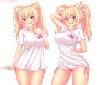  1girl animal_ear_fluff animal_ears ass_visible_through_thighs bangs blonde_hair blush breasts cat_ears commentary covered_nipples english_commentary eyebrows_visible_through_hair fang fast-runner-2024 highres large_breasts long_hair looking_at_viewer no_pants open_mouth original pajamas_challenge panties pink_panties red_eyes shirt side-tie_panties slit_pupils solo t-shirt tiffy_(fast-runner-2024) tight_shirt twintails underwear 