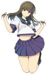  1girl bangs black_hair black_legwear blue_neckwear blue_ribbon blue_sailor_collar blue_skirt blunt_bangs brown_eyes eyebrows_visible_through_hair full_body hatsuyuki_(kantai_collection) highres hime_cut kantai_collection kneehighs long_hair neck_ribbon pleated_skirt ribbon sailor_collar school_uniform serafuku shinomu_(cinomoon) short_sleeves simple_background skirt solo white_background 