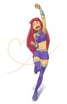  1girl boots breasts closed_eyes commentary_request denchuubou fist_pump full_body gorget heart heart_background long_hair medium_breasts midriff miniskirt navel open_mouth purple_footwear purple_skirt red_hair sidelocks skirt sleeveless smile solo standing standing_on_one_leg starfire teen_titans thigh_boots thighhighs white_background 