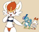  bikini blush cinderace clothing drizzile female flat_chested hinako_iroiro nintendo pok&eacute;mon pok&eacute;mon_(species) scorbunny simple_background swimwear video_games 