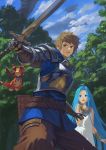 1boy 1girl ahoge armor belt blue_eyes blue_hair blue_shirt blue_sky bracelet breastplate brown_eyes brown_hair brown_pants character_request cloud day dragon fighting_stance flying forest gloves granblue_fantasy highres holding holding_sword holding_weapon jewelry legs_apart long_hair nature open_mouth outdoors pants scared shirt sky sword tree very_long_hair wasabi60 weapon 