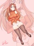  1girl antenna_hair ass_visible_through_thighs blush bow bow_panties breasts brown_hair commentary_request elbow_gloves full_body gloves hori_shin large_breasts long_hair looking_at_viewer love_hina narusegawa_naru navel no_pants no_shoes orange_eyes orange_gloves orange_sweater panties skindentation sleeveless sleeveless_turtleneck solo spread_navel sweater thighhighs toes turtleneck underwear white_panties zoom_layer 