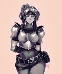  1girl belt belt_pouch breastplate breasts commentary contrapposto david_liu earrings english_commentary final_fantasy final_fantasy_vii final_fantasy_vii_remake fishnets greyscale headband highres impossible_armor jessie_(ff7) jewelry long_hair medium_breasts monochrome multiple_belts pauldrons pouch solo standing wide_hips 