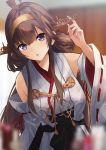  1girl ahoge bare_shoulders breasts brown_hair detached_sleeves double_bun hair_ornament hairband headgear highres japanese_clothes kantai_collection kongou_(kantai_collection) konkito long_hair looking_at_viewer nontraditional_miko open_mouth purple_eyes remodel_(kantai_collection) skirt solo 