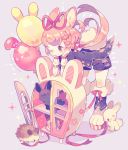  1girl :3 ;) animal animal_ear_fluff animal_ears artist_name balloon bangs bent_over boots bunny bunny_ears bunny_tail carrot_hair_ornament cup food_themed_hair_ornament fur-trimmed_boots fur_trim grey_background hair_ornament hair_ribbon hedgehog highres jacket leaning_on_object long_hair nail_polish one_eye_closed original paw_boots pink_hair red_eyes red_nails red_ribbon ribbon saucer shelf short_sleeves shorts smile solo sparkle striped striped_ribbon symbol_commentary tail teacup twintails wrist_cuffs yumenouchi_chiharu 