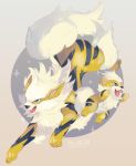  alternate_color arcanine black_eyes creature dog_focus fangs full_body gen_1_pokemon grey_background growlithe hoko_(coornxx) jumping no_humans number pokemon pokemon_(creature) pokemon_number shiny_pokemon signature sparkle 