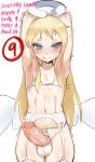  angel armpits arms_behind_head arms_up blonde_hair blush bra broken_halo crimvael erection garter_belt garter_straps hermaphrodite highres ishuzoku_reviewers jtveemo looking_at_viewer navel panties penis solo stomach sweat testicles trembling underwear white_bra white_panties 