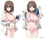  1girl :d bare_shoulders bikini blue_eyes blush breasts brown_hair cleavage collarbone cowboy_shot fang halter_top halterneck large_breasts looking_at_viewer multiple_views navel necktie no_pants off_shoulder open_clothes open_mouth open_shirt pink_bikini plaid plaid_bikini saki saki_achiga-hen shirt shisoneri short_hair side-tie_bikini simple_background smile standing stomach string_bikini striped striped_neckwear sweat swimsuit thighs unozawa_shiori white_background white_shirt 