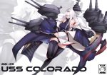  1girl artist_name azur_lane bangs bare_shoulders black_panties boots breasts cannon character_name colorado_(azur_lane) commentary cross-laced_footwear detached_sleeves english_commentary english_text full_body gainoob hair_intakes hair_over_one_eye hairband large_breasts long_hair long_sleeves panties red_eyes rigging sideboob sidelocks solo standing standing_on_one_leg thigh_boots thighhighs underwear white_hair wide_sleeves 