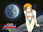  artist_request breasts earth green_eyes hand_on_hip large_breasts leaning_forward moon nail_polish one_eye_closed orange_hair pink_nails planet sally_jones short_hair slingshot_swimsuit solo space star swimsuit transformers transformers_superlink 