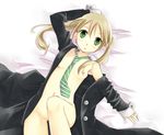  bed_sheet blonde_hair blush collarbone formal from_above green_eyes green_neckwear jacket long_sleeves maka_albarn momoyama_nozomu naked_robe necktie nipples open_clothes open_jacket open_robe robe solo soul_eater suit twintails 