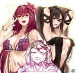 3girls adjusting_eyewear armpits arms_behind_head arms_up bangs bare_shoulders bikini black_dress bow bracelet breasts brown_hair center_opening choker cleavage collarbone consort_yu_(fate) dress drooling fate/grand_order fate_(series) flower glasses hair_between_eyes hair_bow hair_flower hair_intakes hair_ornament hibiscus highres jewelry large_breasts long_hair looking_at_viewer medium_breasts multiple_girls navel okitakung open_mouth osakabe-hime_(fate/grand_order) purple_bikini purple_hair red_eyes scathach_(fate)_(all) scathach_(fate/grand_order) scathach_(swimsuit_assassin)_(fate) simple_background smile sparkle strapless strapless_dress stylus swimsuit tablet_pc underboob very_long_hair white_background 