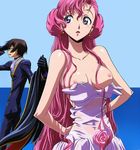  1girl blush breasts code_geass double_bun dress euphemia_li_britannia kimura_takahiro large_breasts lelouch_lamperouge long_hair nipples nude_filter pink_hair purple_eyes see-through third-party_edit wet wet_clothes 