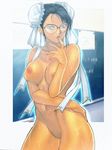  breasts bun_cover chun-li double_bun glasses homare_(fool's_art) large_breasts licking naughty_face nipples nude solo street_fighter sweat 