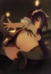  1girl animal_ears ass bangs black_hair black_legwear black_panties black_skirt blurry blurry_background blush book bookshelf bow bowtie breasts cafe cafe_maid cat_ears cat_tail center_frills couch covered_nipples curtains eyebrows_visible_through_hair floor frilled_skirt frills from_behind from_below hair_bow hair_ribbon highres indoors kneeling large_breasts lens_flare long_hair looking_at_viewer looking_back lowleg lowleg_panties maid maid_headdress miniskirt no_shoes original outstretched_arm outstretched_hand panties reaching reaching_out red_bow red_eyes ribbon side-tie_panties sidelocks skindentation skirt soles solo tail thighhighs thighs toes underwear very_long_hair window yoruneko 