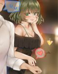  1boy 1girl bababababan bangs bare_shoulders blush breasts brown_hair cleavage collarbone commentary_request cup drinking_glass eyebrows_visible_through_hair green_eyes heterochromia highres idolmaster idolmaster_cinderella_girls jewelry large_breasts looking_at_viewer open_mouth shirt short_hair smile solo_focus takagaki_kaede white_shirt 
