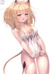  1girl :o absurdres animal_ear_fluff animal_ears arknights artist_name bangs bare_arms bare_shoulders blonde_hair blush breasts brown_eyes cleavage commentary cowboy_shot eyebrows_visible_through_hair fang highres large_breasts lion_ears lion_tail long_hair looking_at_viewer no_pants open_mouth siege_(arknights) simple_background solo standing tail tank_top tank_top_tug thighs vitaminechan white_background white_tank_top 