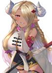  bare_shoulders blonde_hair braid breasts cosplay dark_skin granblue_fantasy hair_ornament hairclip heart heart-shaped_pupils horns katana kuvira_(granblue_fantasy) large_breasts long_hair narmaya_(granblue_fantasy) narmaya_(granblue_fantasy)_(cosplay) naughty_face one_eye_covered orange_eyes p_answer parted_lips pointy_ears sidelocks smile sword symbol-shaped_pupils thighs tied_hair very_long_hair weapon 