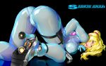  1girl all_fours ass black_background blonde_hair blue_bodysuit blue_eyes bodysuit breasts from_behind highres impossible_bodysuit impossible_clothes large_breasts lips long_hair looking_at_viewer looking_back metroid paralyzer ponytail pubic_hair samus_aran see-through shinobu_(tyno) shiny shiny_hair shiny_skin simple_background skin_tight solo super_smash_bros. zero_suit 