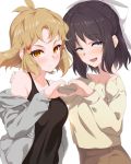  2girls beige_shirt black_hair black_shirt blue_eyes blush bow commentary_request eyebrows_visible_through_hair grey_jacket hair_bow hair_ornament hairclip hand_on_another&#039;s_shoulder heart heart_hands highres hood hoodie jacket kohinata_miku kurihara_kenshirou light_brown_hair light_frown long_sleeves looking_at_viewer messy_hair multiple_girls off_shoulder open_clothes open_jacket open_mouth orange_eyes senki_zesshou_symphogear shirt short_hair simple_background smile standing symmetrical_hand_pose tachibana_hibiki_(symphogear) tank_top upper_body white_background white_bow 