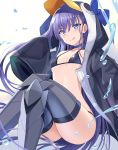  100 1girl animal_hood bangs bikini black_bikini black_jacket blue_bow blue_eyes blush bow breasts choker closed_mouth fate/grand_order fate_(series) greaves highres hood hood_up jacket legs licking_lips long_hair long_sleeves looking_at_viewer meltryllis meltryllis_(swimsuit_lancer)_(fate) open_clothes open_jacket penguin_hood prosthesis prosthetic_leg purple_hair sleeves_past_fingers sleeves_past_wrists small_breasts smile solo swimsuit tongue tongue_out 